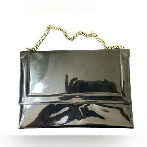 Vintage Crown Lewis black patent leather clutch with gold shoulder chain